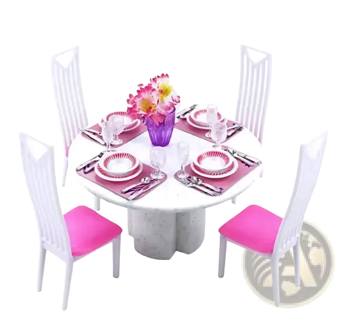 Doll pool playset with slide features a pink and white miniature dining set with round table four pink cushioned chairs and purple vase
