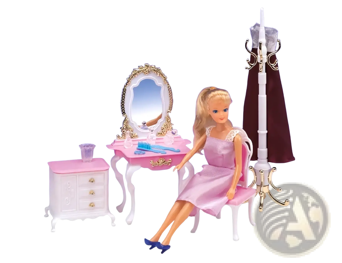 A blonde barbie doll in a pink satin dress with lace straps and blue heels sitting on a white chair from doll pool playset with slide and accessories