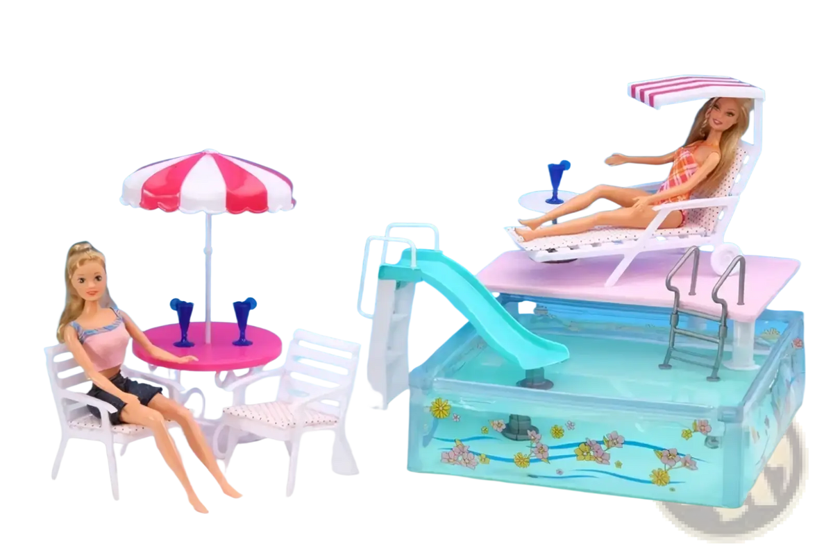 Doll pool playset with slide featuring a pink and white striped umbrella with a silver pole for sun protection