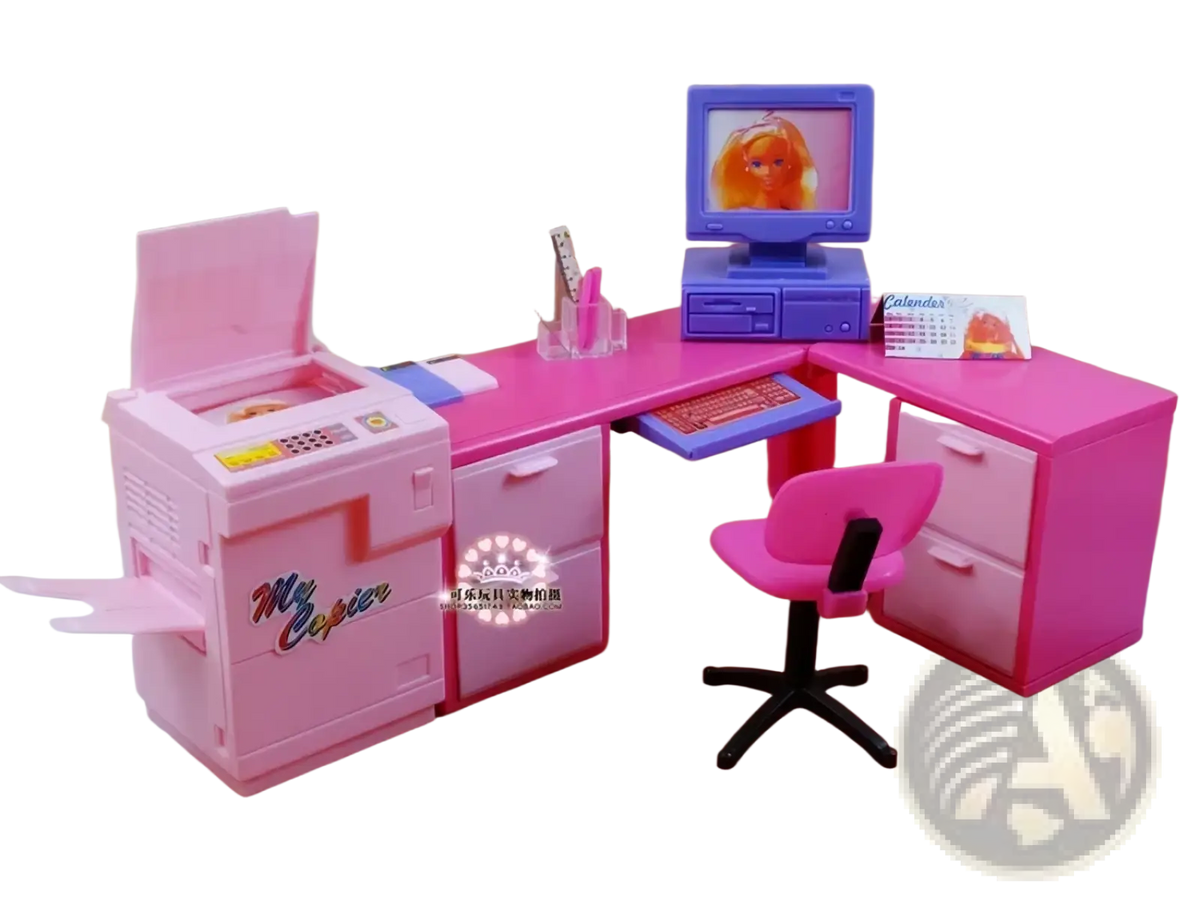 Pink plastic dollhouse office playset with blue computer monitor pink desk chair and printer labeled my copier