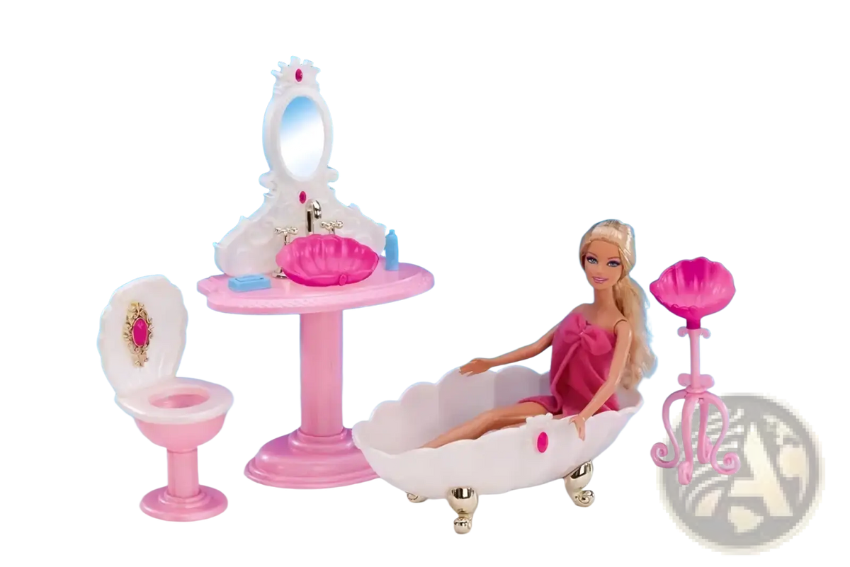 Pink plastic barbie doll in a white shell bathtub with gold feet in doll pool playset with slide and accessories