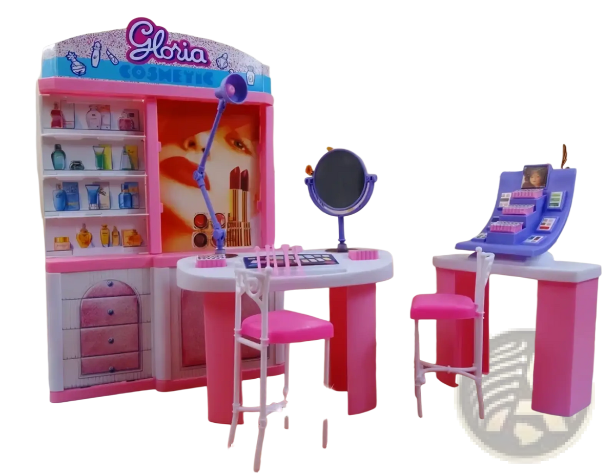 Pink plastic gloria cosmetics doll pool playset with slide blue accents and miniature furniture accessories