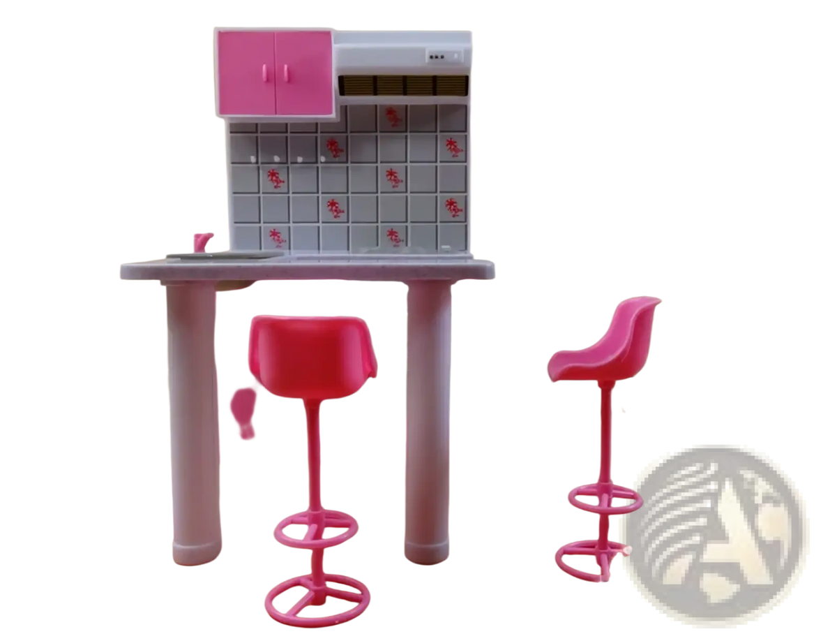 Pink plastic dollhouse kitchen set with countertop cabinets and two bar stools from doll pool playset with slide