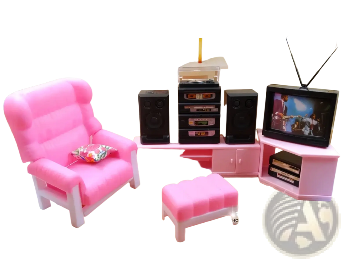 Pink upholstered armchair with white wooden frame and floral cushion featured in doll pool playset with slide and accessories