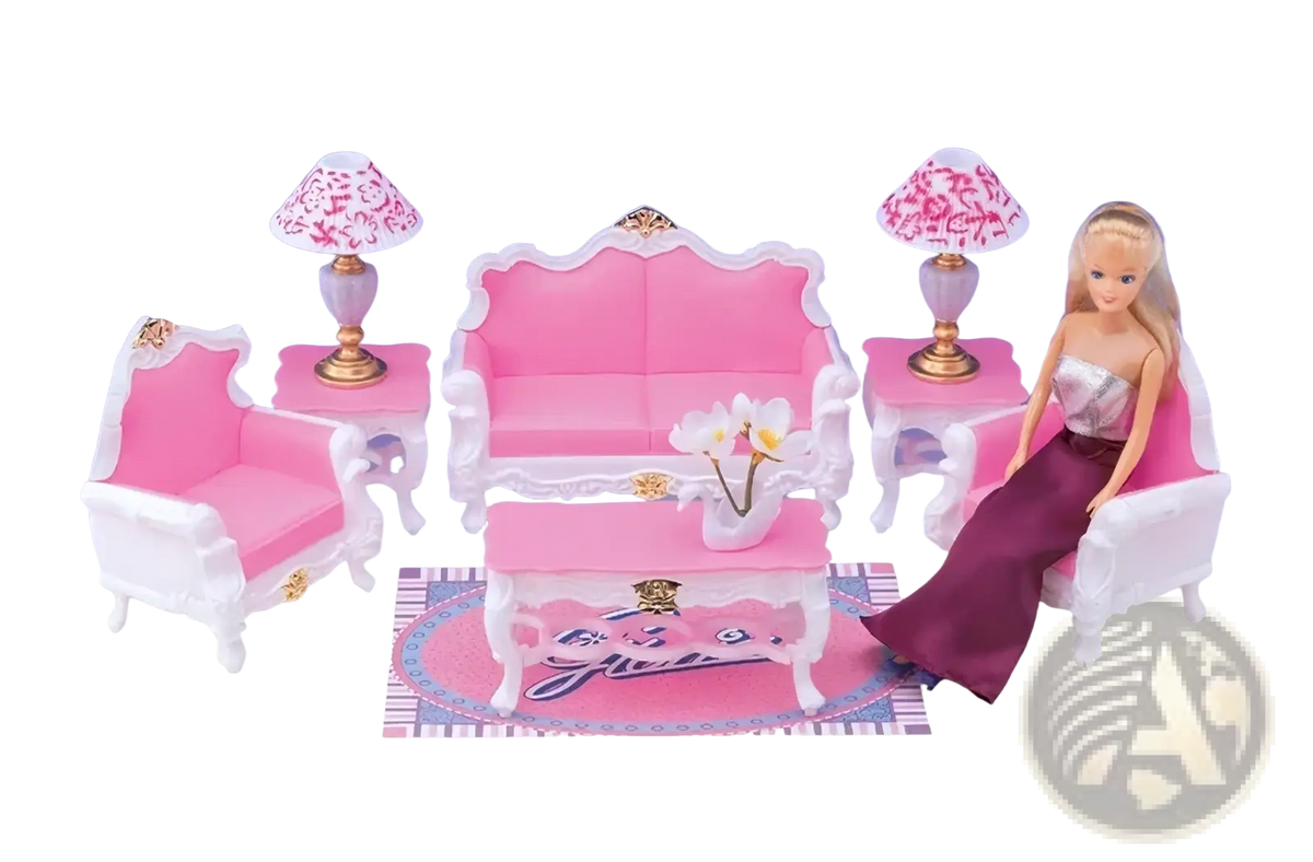 Pink and white barbie doll living room set with gold accents included in doll pool playset with slide and accessories