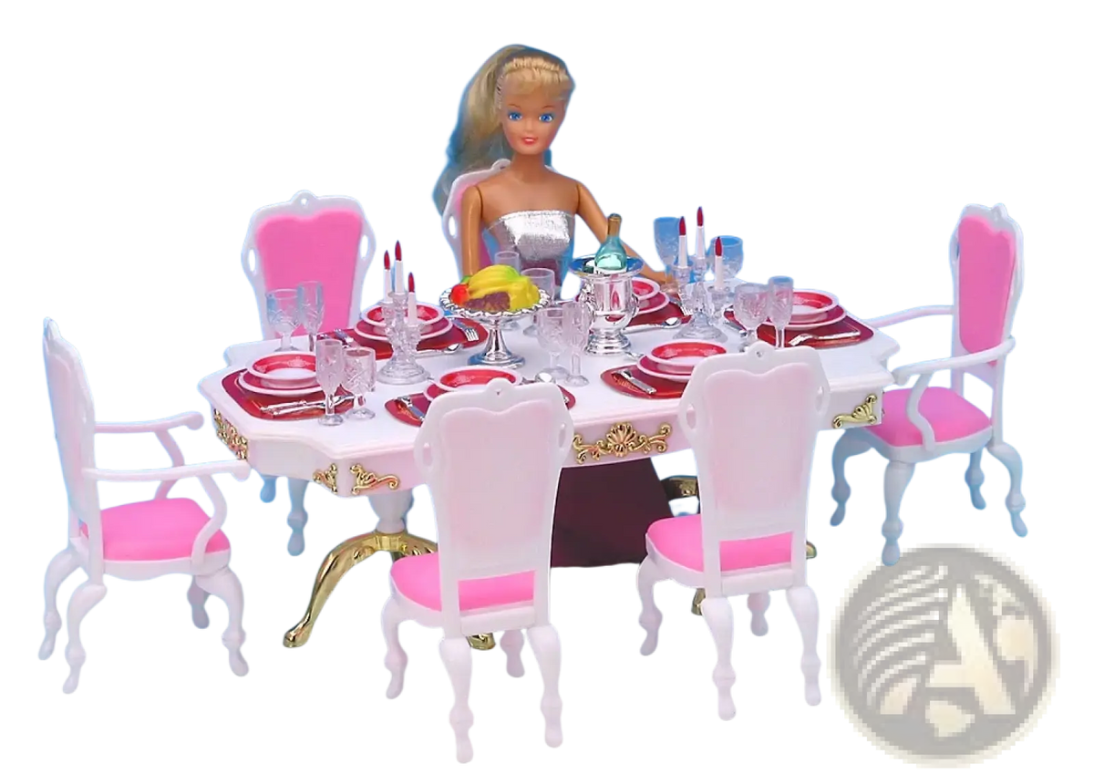 Pink and white dollhouse dining set with gold accents from doll pool playset with slide and accessories