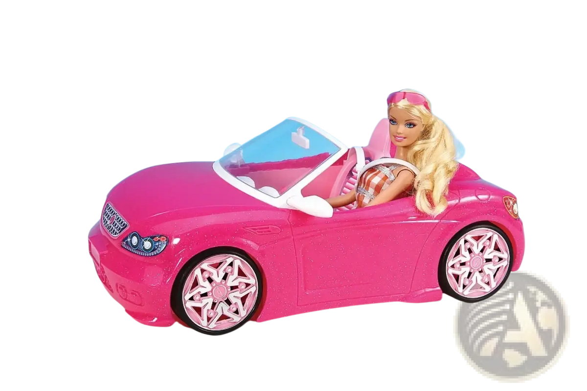 Pink convertible toy car with white accents and glittery finish featuring a barbie doll in doll pool playset with slide