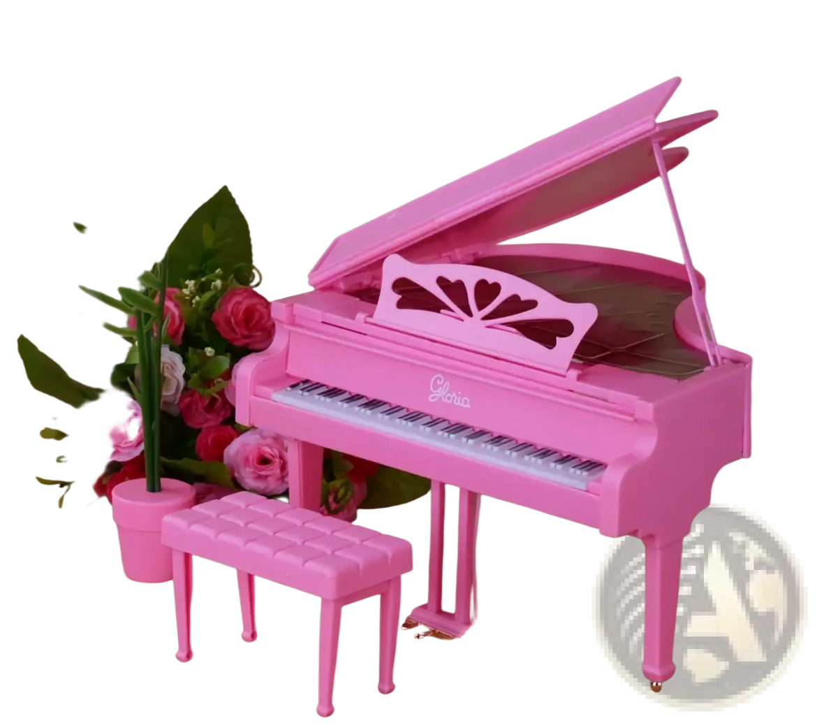 Pink plastic gloria grand piano toy with heart shaped decorative panel and matching bench in doll pool playset with slide