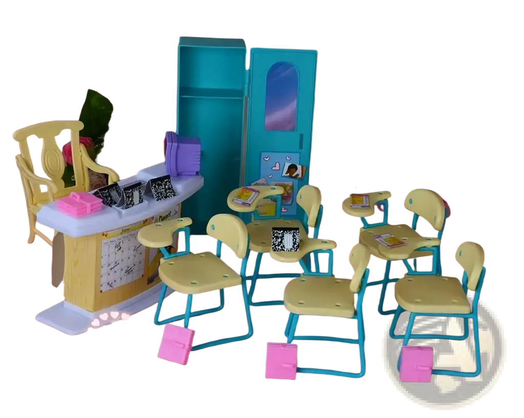 Yellow plastic desk with white countertop and turquoise legs featuring a calendar and miniature accessories for doll playset