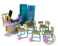 Yellow plastic desk with white countertop and turquoise legs featuring a calendar and miniature accessories for doll playset