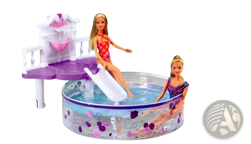 Purple and white plastic doll pool playset with waterfall and slide designed for Barbie dolls with accessories
