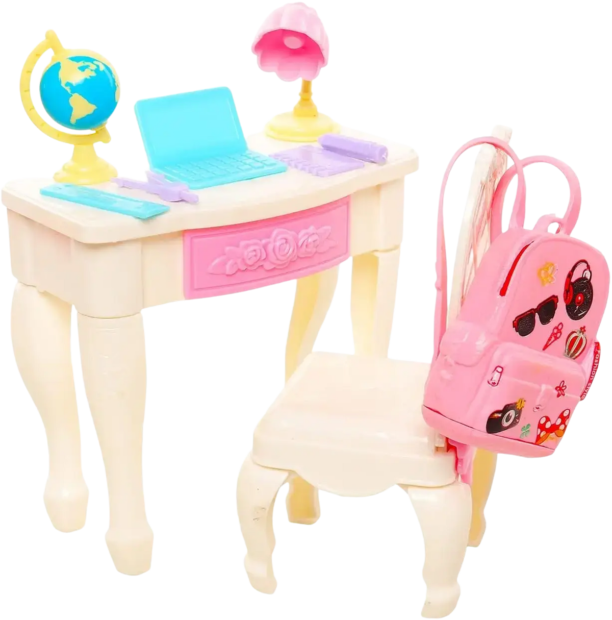 Pink backpack with colorful stickers and dual straps from doll school accessories set 19 pcs for kids use