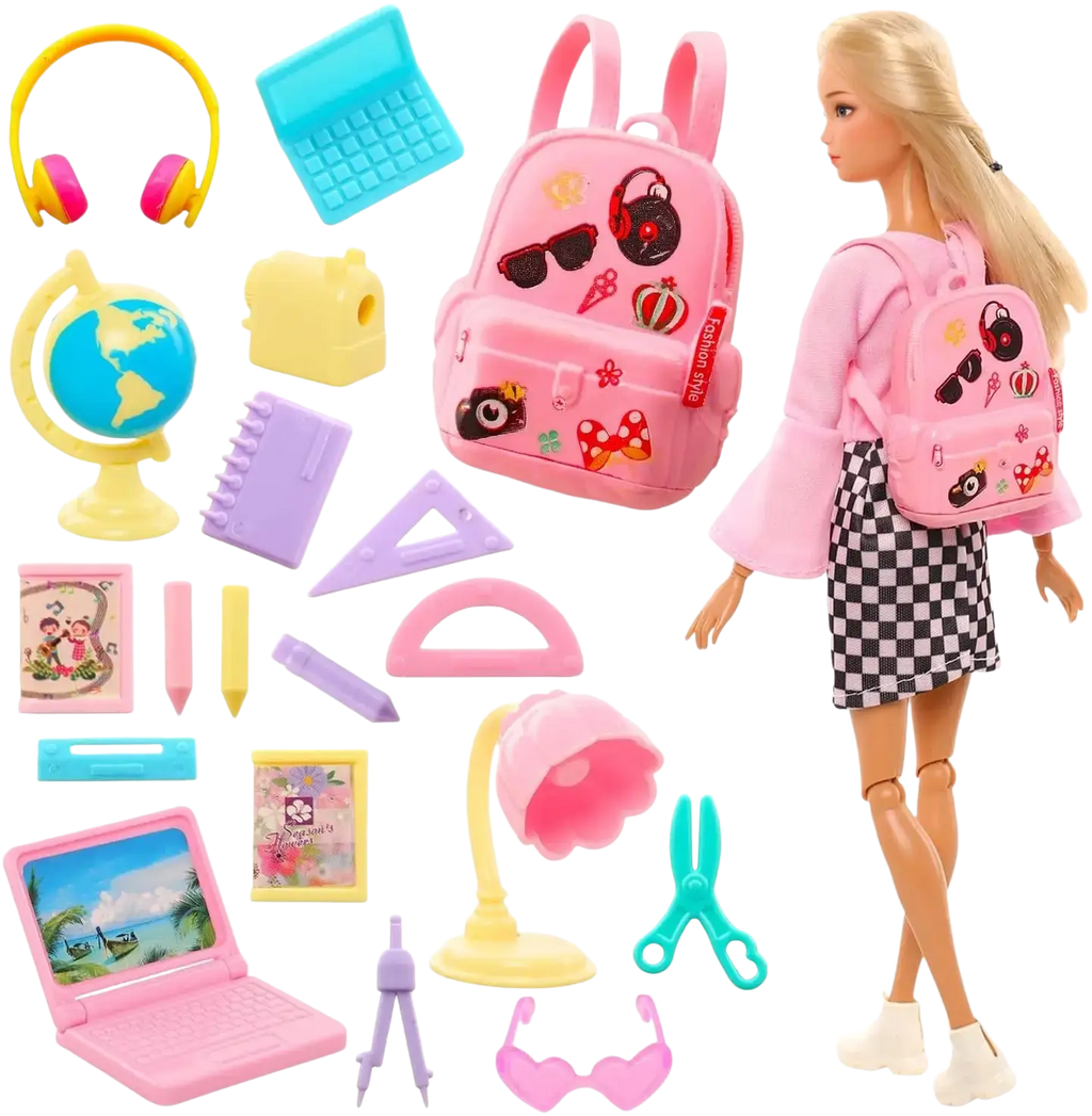 Pink doll school backpack with colorful stickers and fashion style tag from accessories set 19 pcs