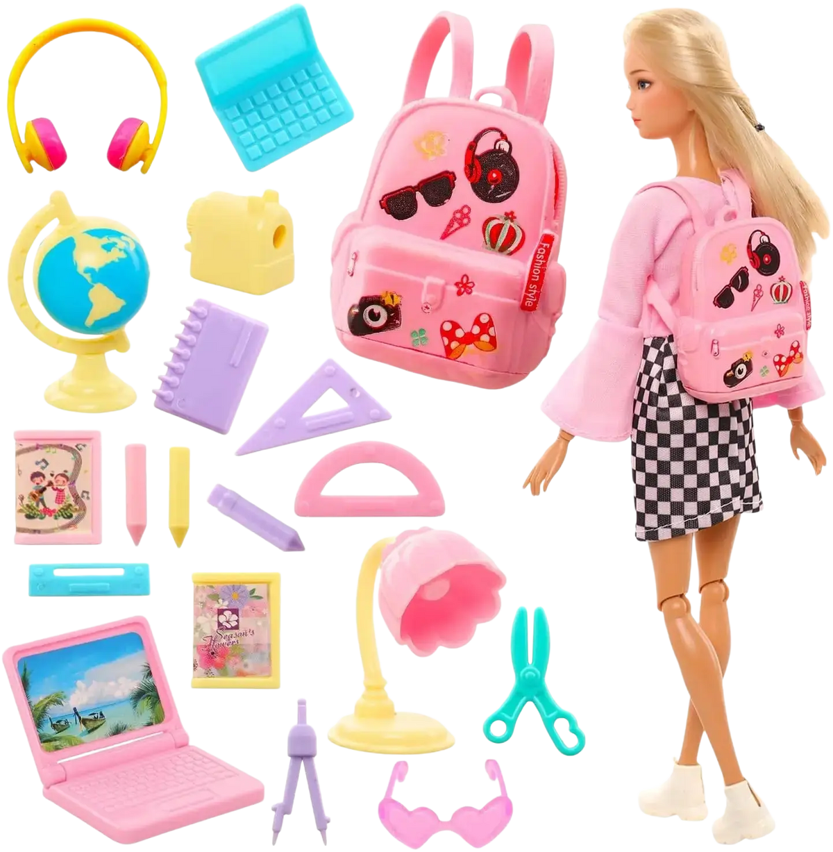Pink doll school backpack with colorful stickers and fashion style tag from accessories set 19 pcs