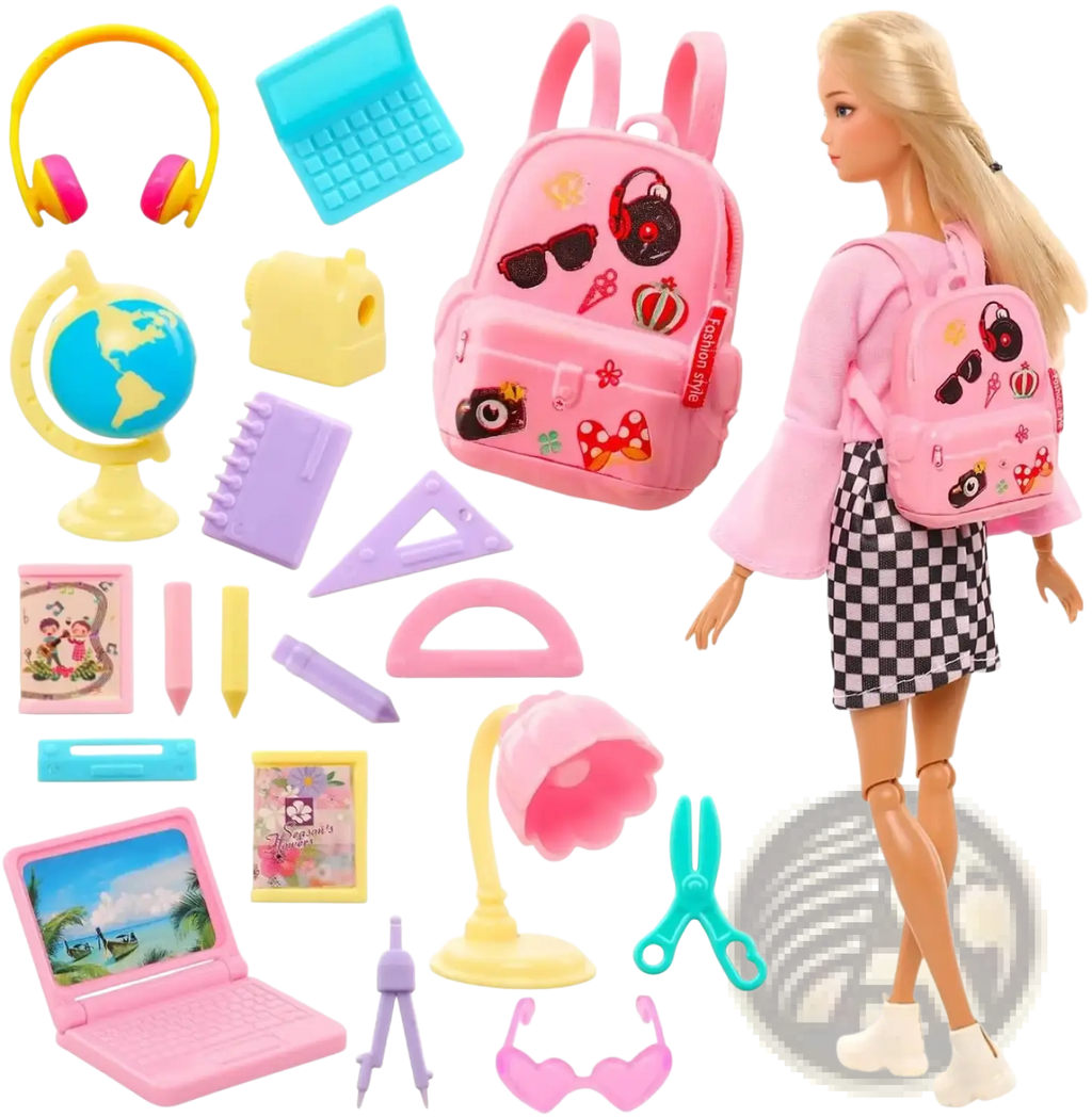 Pink doll school backpack with colorful stickers and fashion style tag from accessories set 19 pcs