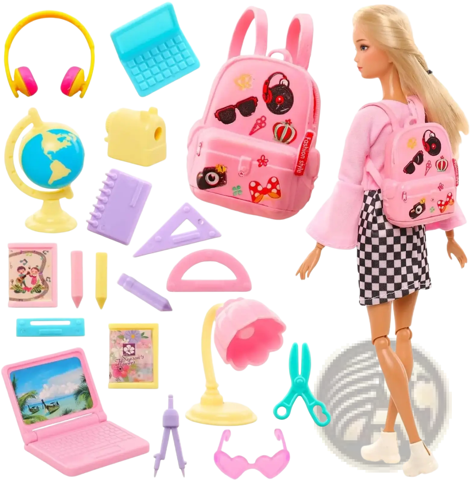 Pink doll school backpack with colorful stickers and fashion style tag from accessories set 19 pcs