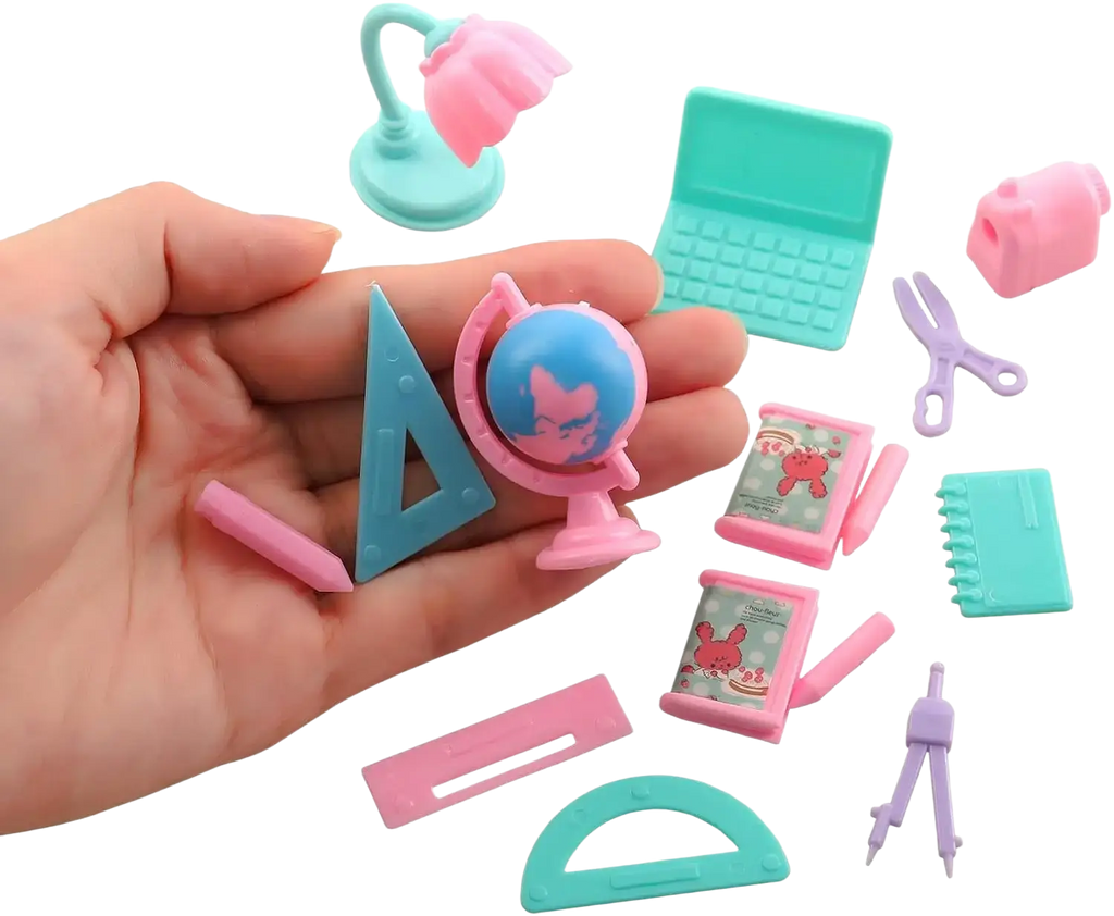 Doll school accessories set 19 pcs featuring a pink and blue globe-shaped eraser with a cartoon cat face