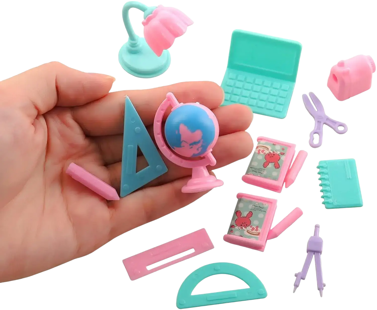 Doll school accessories set 19 pcs featuring a pink and blue globe-shaped eraser with a cartoon cat face