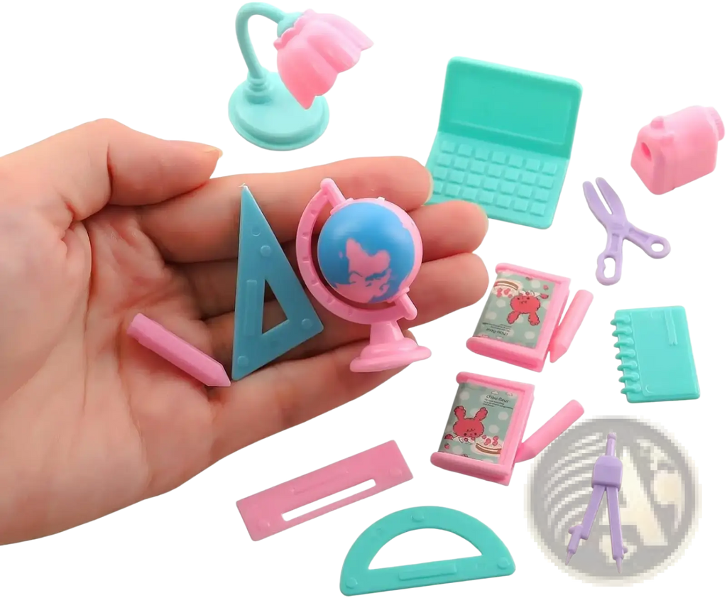 Doll school accessories set 19 pcs featuring a pink and blue globe-shaped eraser with a cartoon cat face