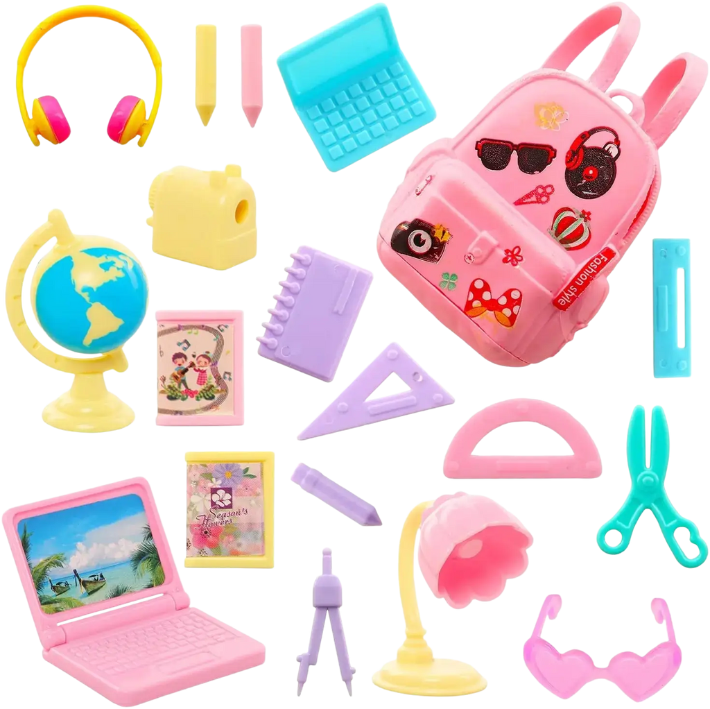 Pink plastic backpack with colorful stickers and fashion style tag from doll school accessories set 19 pcs