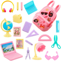 Pink plastic backpack with colorful stickers and fashion style tag from doll school accessories set 19 pcs