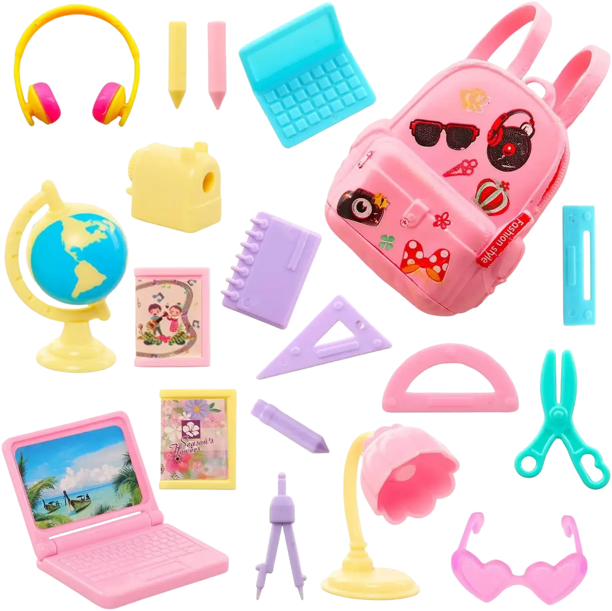 Pink plastic backpack with colorful stickers and fashion style tag from doll school accessories set 19 pcs