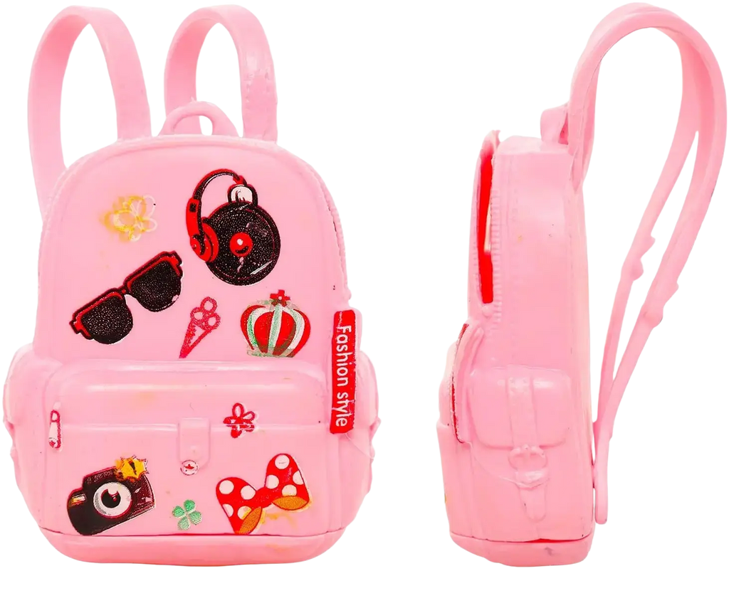 Pink plastic backpack with glittery headphone sunglasses camera and bow appliqués in doll school accessories set 19 pcs