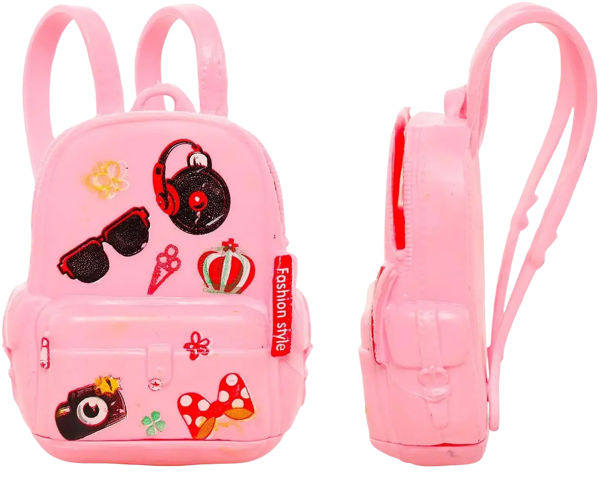 Pink plastic backpack with glittery headphone sunglasses camera and bow appliqués in doll school accessories set 19 pcs