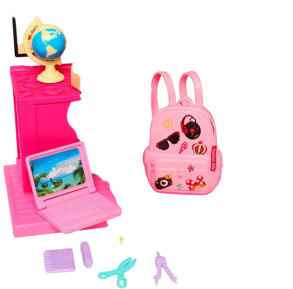 Pink plastic backpack from doll school accessories set with colorful stickers and fashionista label for dolls