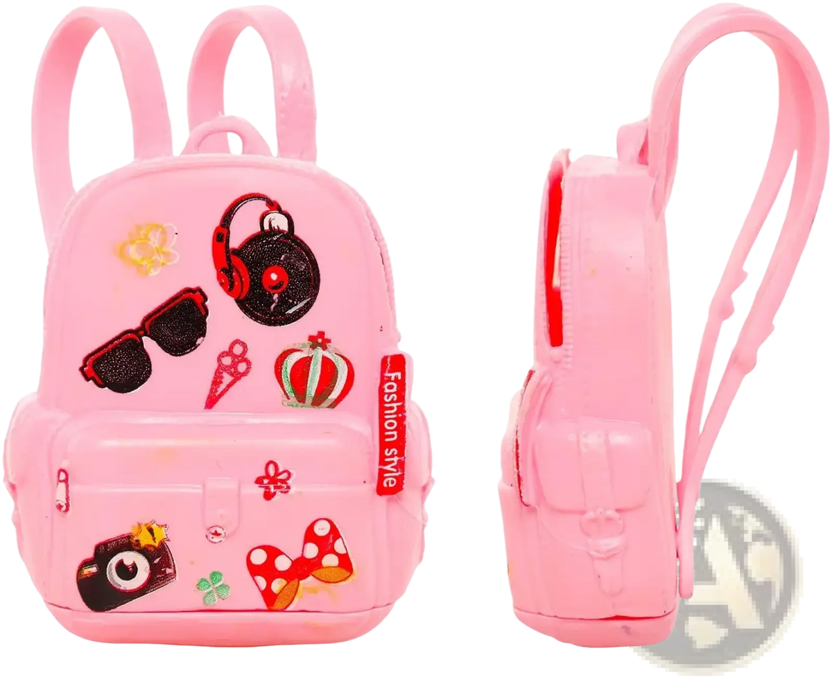 Pink plastic backpack with glittery headphone sunglasses camera and bow appliqués in doll school accessories set 19 pcs
