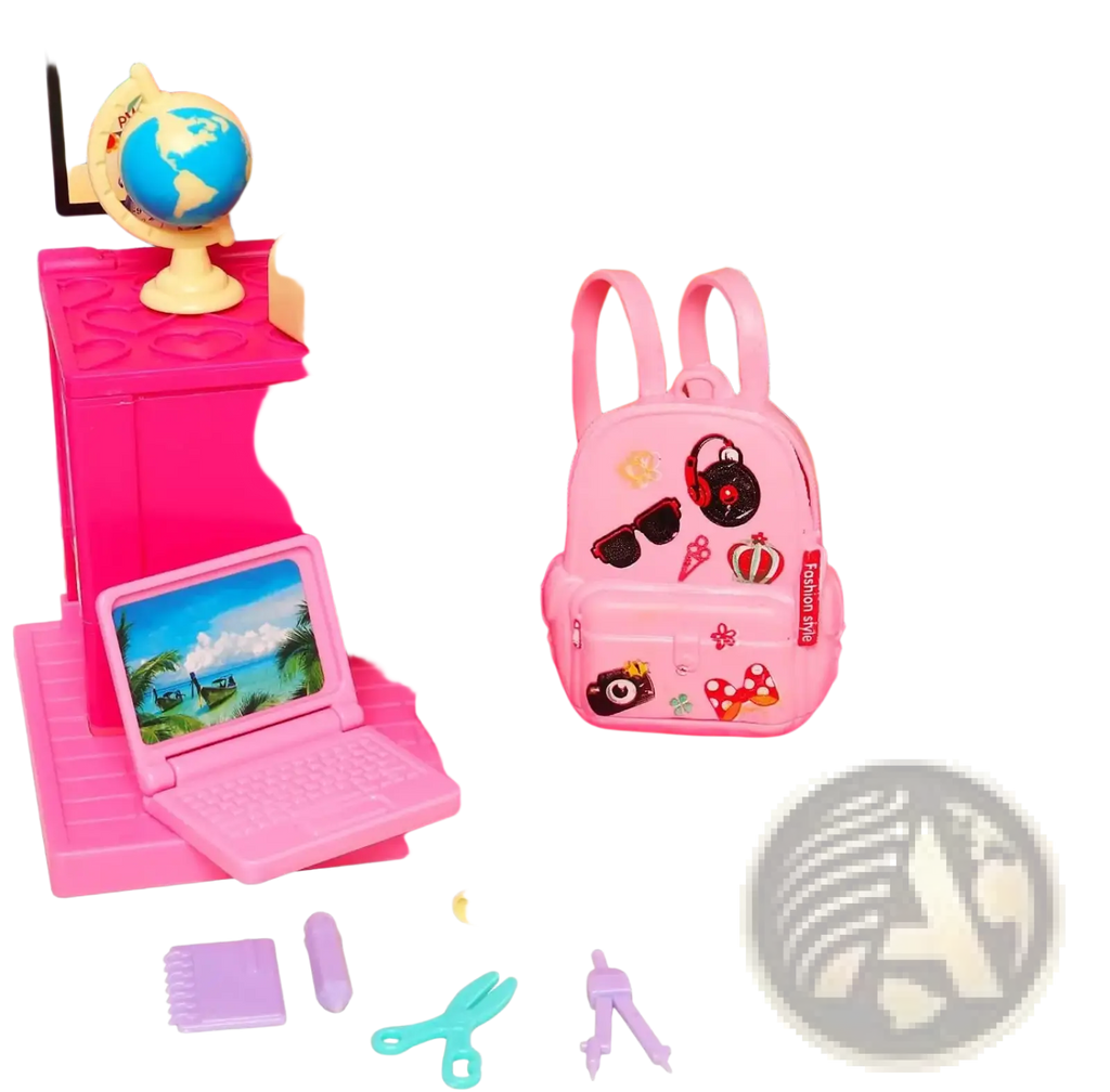 Pink plastic backpack from doll school accessories set with colorful stickers and fashionista label for dolls