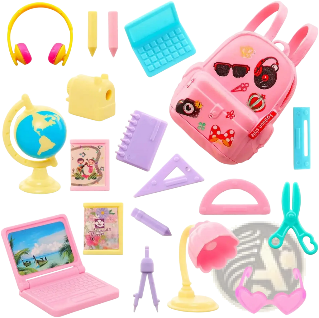 Pink plastic backpack with colorful stickers and fashion style tag from doll school accessories set 19 pcs