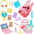 Pink plastic backpack with colorful stickers and fashion style tag from doll school accessories set 19 pcs