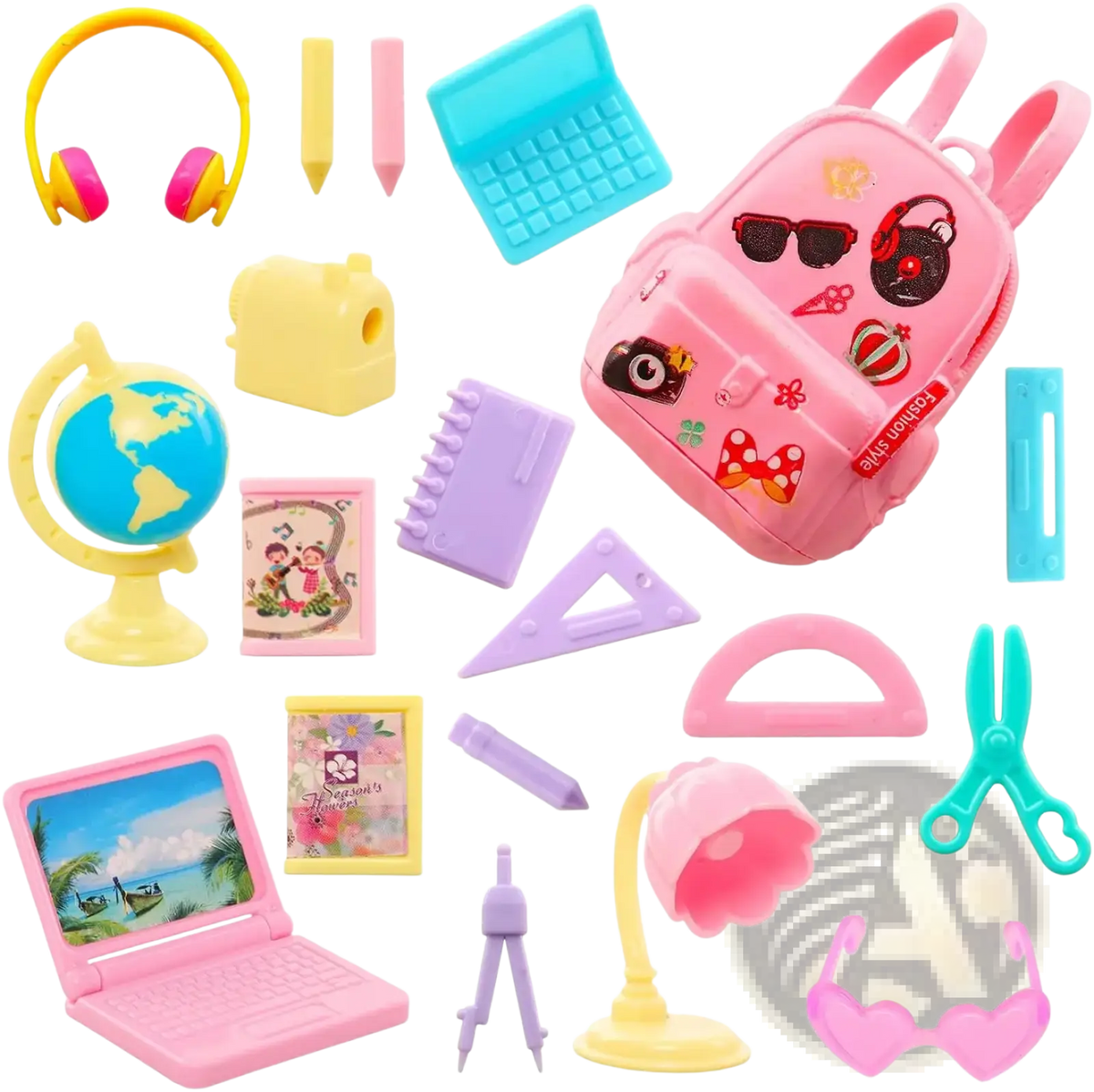 Pink plastic backpack with colorful stickers and fashion style tag from doll school accessories set 19 pcs