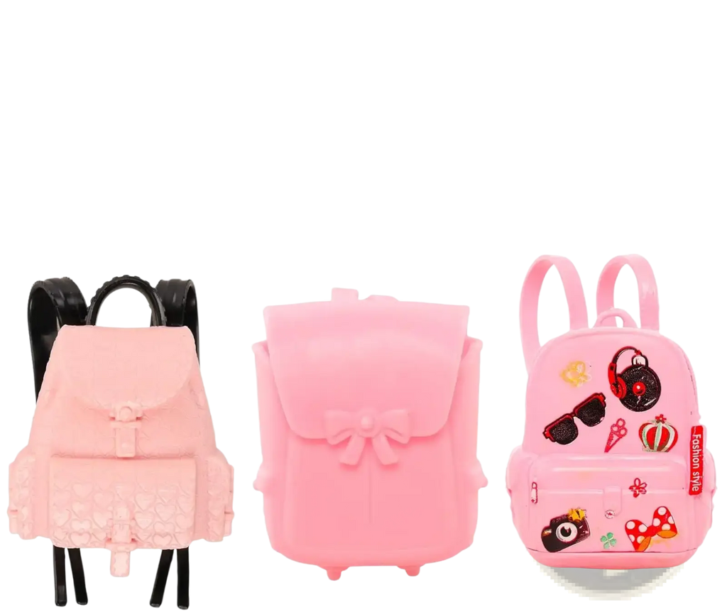 Three pink backpacks for 11.5 inch dolls with black straps bow detail and decorative stickers in doll school accessories set
