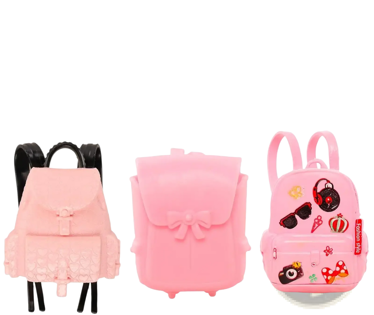 Three pink backpacks for 11.5 inch dolls with black straps bow detail and decorative stickers in doll school accessories set