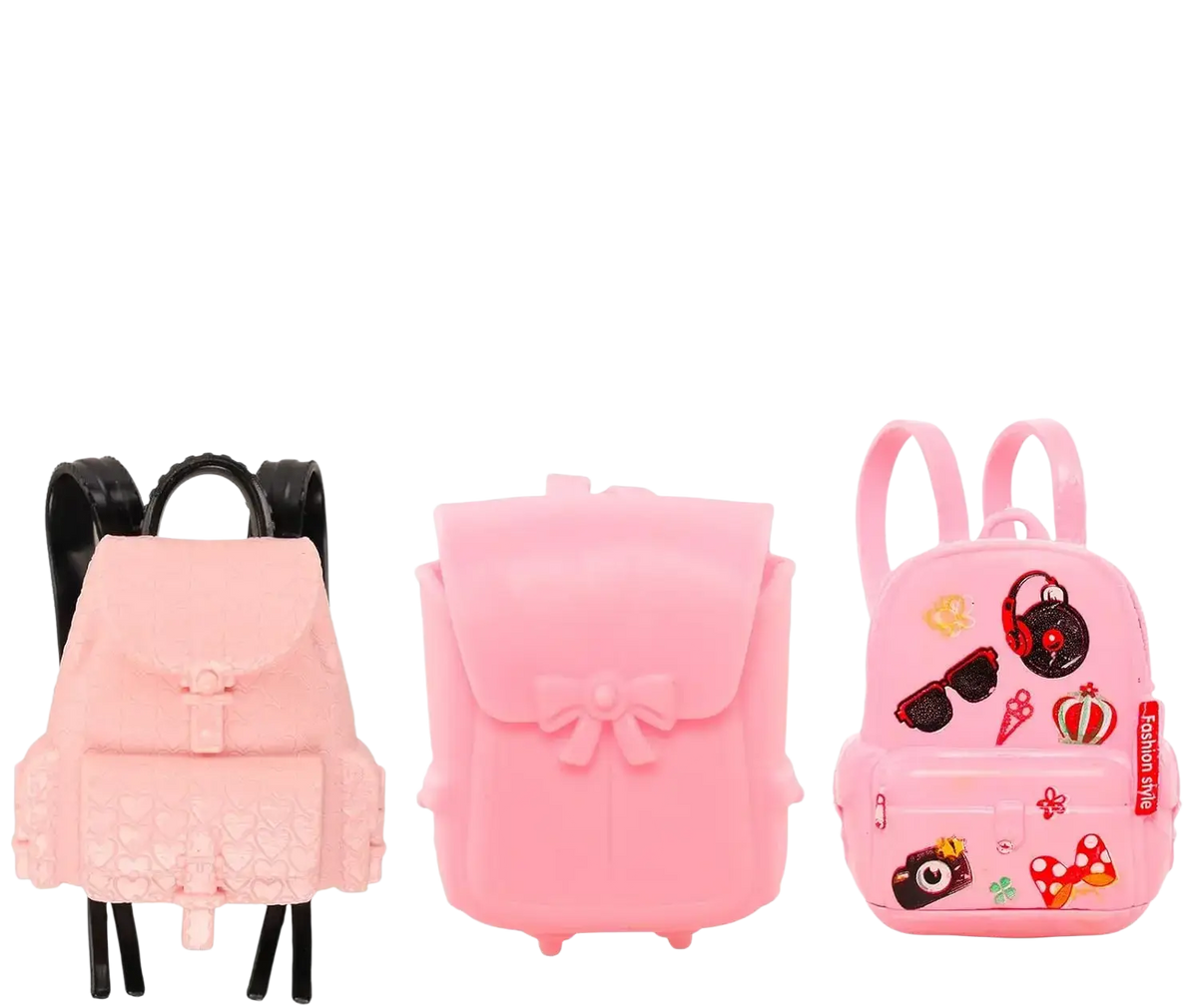 Three pink backpacks for 11.5 inch dolls with black straps bow detail and decorative stickers in doll school accessories set