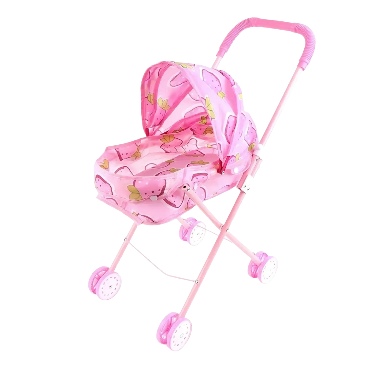 Pink doll stroller for 12 inch baby dolls with patterned canopy and wheels for toy use