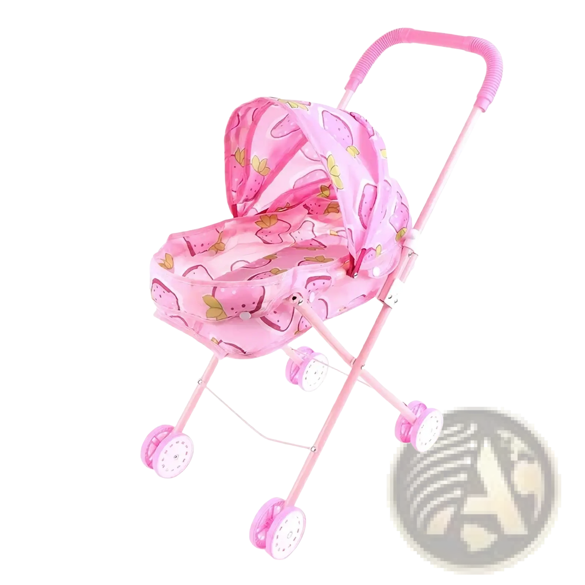 Pink doll stroller for 12 inch baby dolls with patterned canopy and wheels for toy use