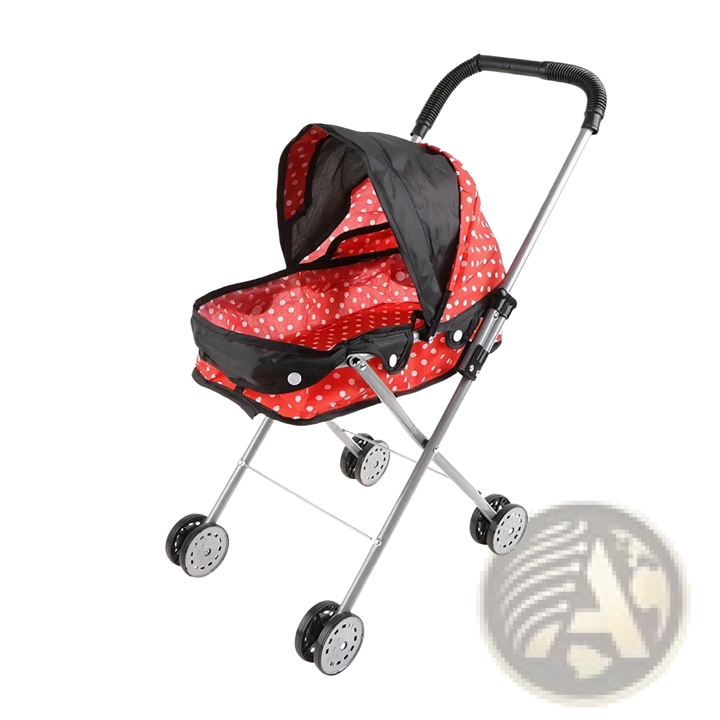 Doll stroller for 12 inch baby dolls in red and black polka dot fabric with silver metal frame and wheels