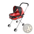 Doll stroller for 12 inch baby dolls in red and black polka dot fabric with silver metal frame and wheels