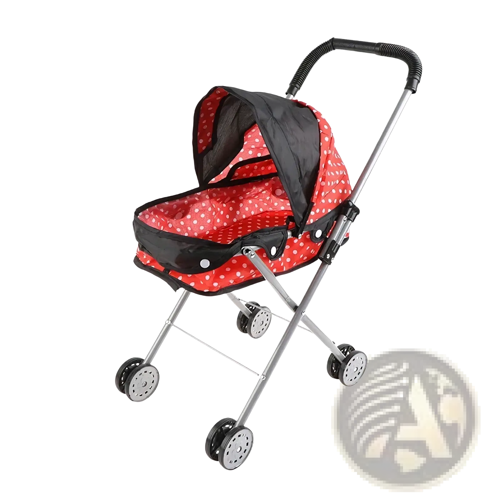 Doll stroller for 12 inch baby dolls in red and black polka dot fabric with silver metal frame and wheels