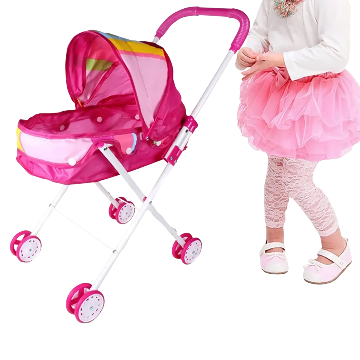 Doll stroller for 12 inch baby dolls in pink plastic with mesh canopy and white metal frame visible from the back side