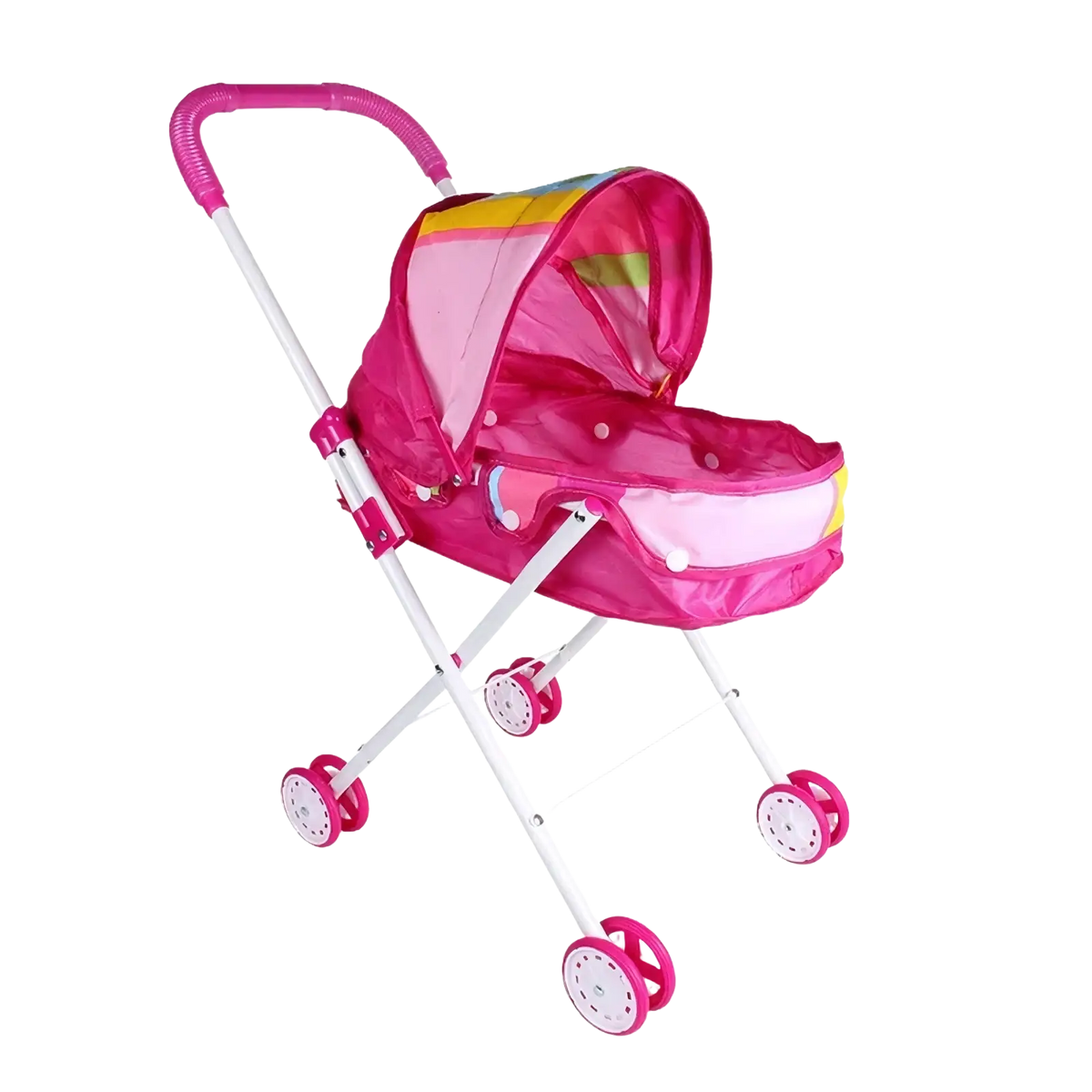 Pink plastic doll stroller for 12 inch baby dolls with rainbow-striped canopy and white wheels