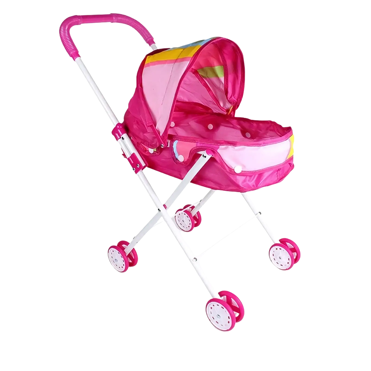 Pink plastic doll stroller with rainbow canopy and white wheels for 12 inch baby dolls toy use