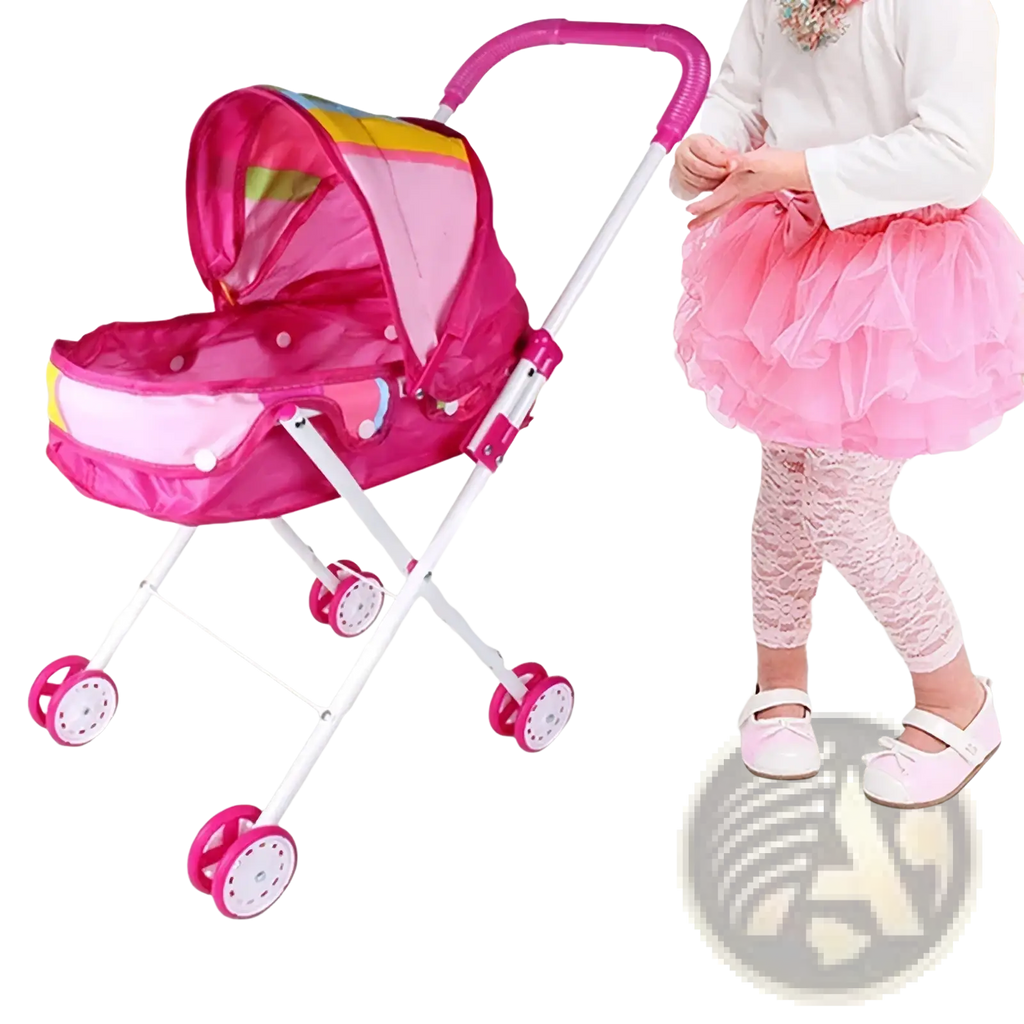 Doll stroller for 12 inch baby dolls in pink plastic with mesh canopy and white metal frame visible from the back side