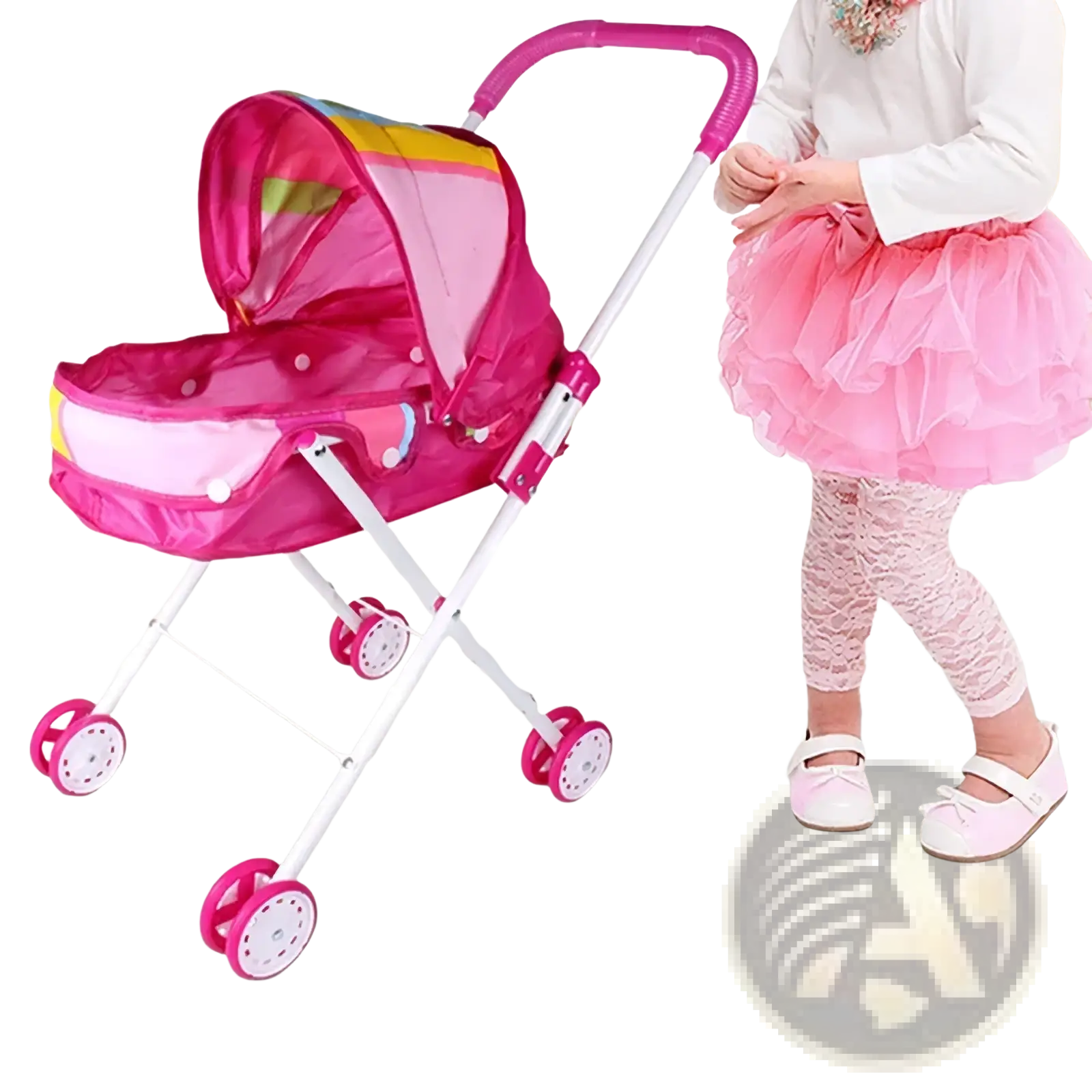 Doll stroller for 12 inch baby dolls in pink plastic with mesh canopy and white metal frame visible from the back side