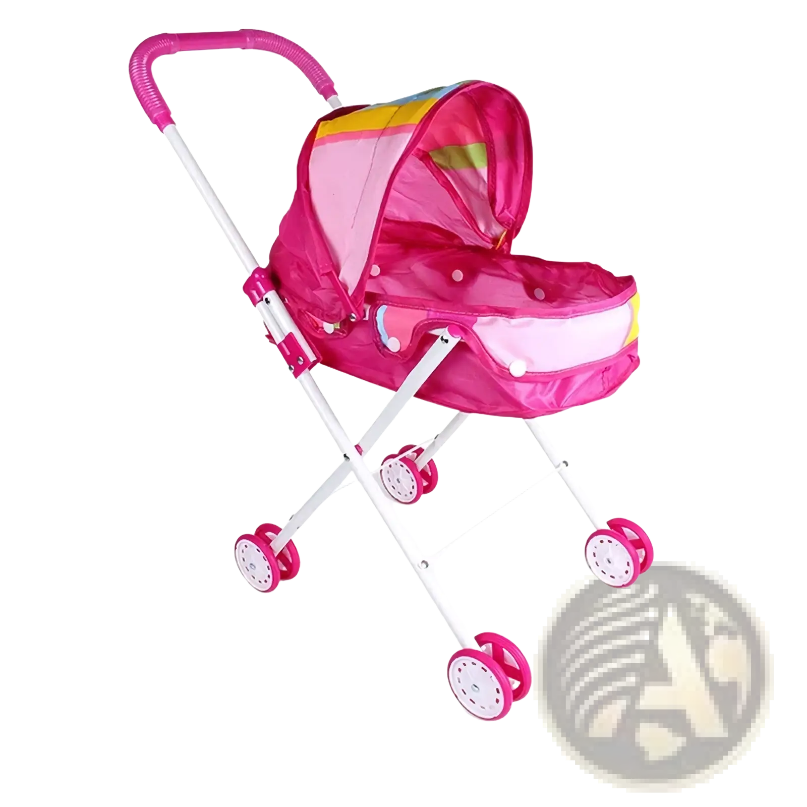 Pink plastic doll stroller with rainbow canopy and white wheels for 12 inch baby dolls toy use