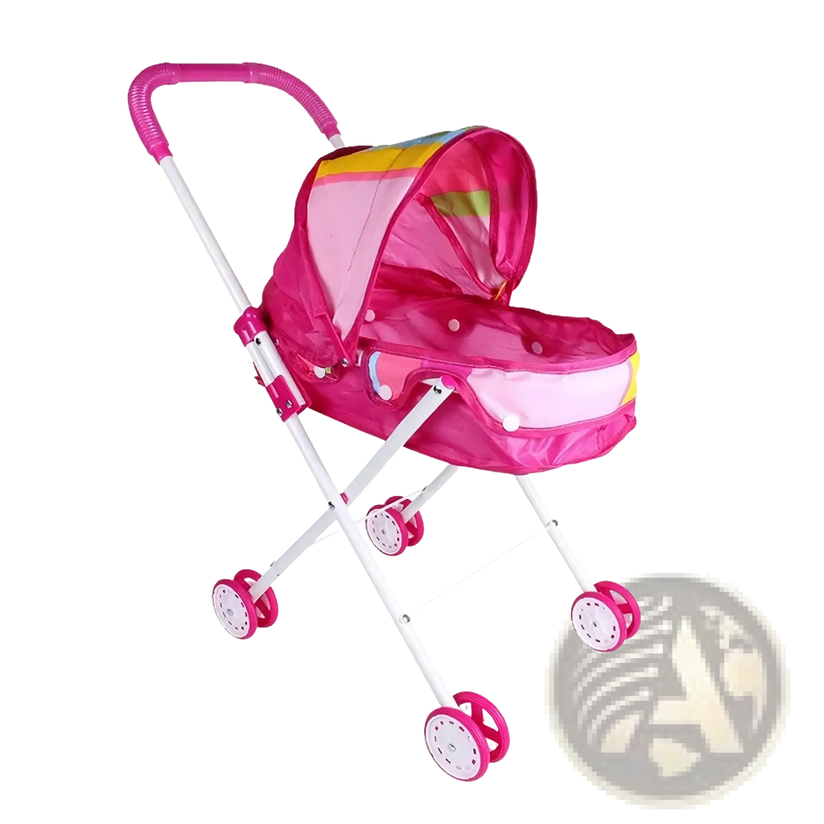 Pink plastic doll stroller for 12 inch baby dolls with rainbow-striped canopy and white wheels