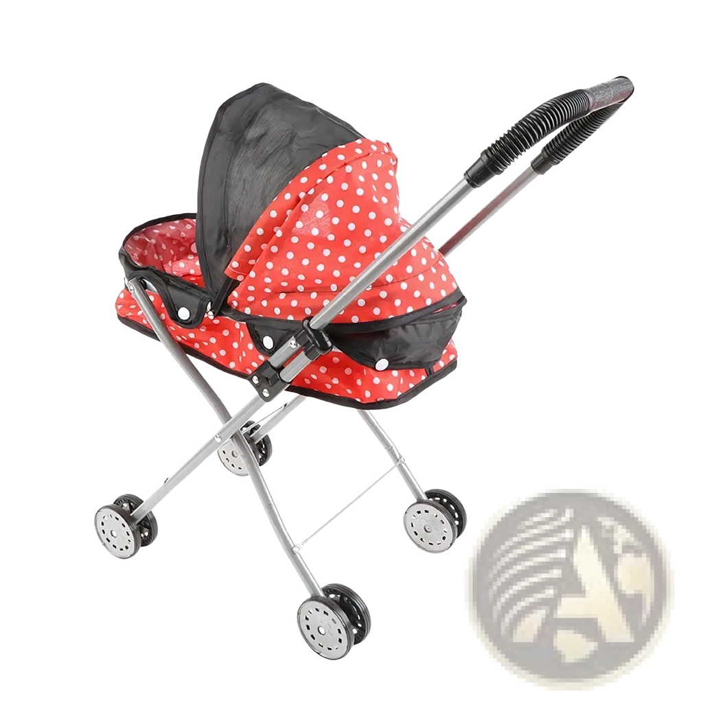 Red and black polka-dot doll stroller with silver metal frame for 12 inch baby dolls in pink toy design
